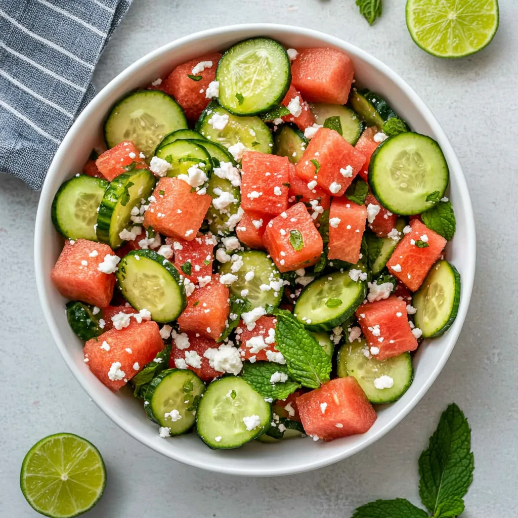 Watermelon Cucumber Salad: Your Ultimate Summer Weight Loss Refresh Watermelon Cucumber Salad Overhead view of watermelon cucumber salad in a white bowl