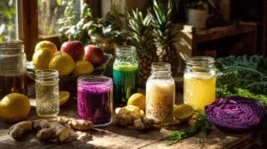 Assorted best homemade weight loss drinks in colorful glasses with fresh fruit and herbs