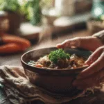 Bowl of cabbage and ground beef soup served on a rustic kitchen table