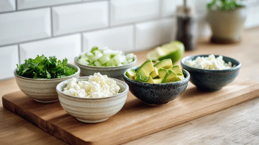 Authentic Carne Asada Tacos Recipe : Flavor-Packed & Easy to Make Carne Asada Tacos Fresh toppings for carne asada tacos in bowls on a cutting board