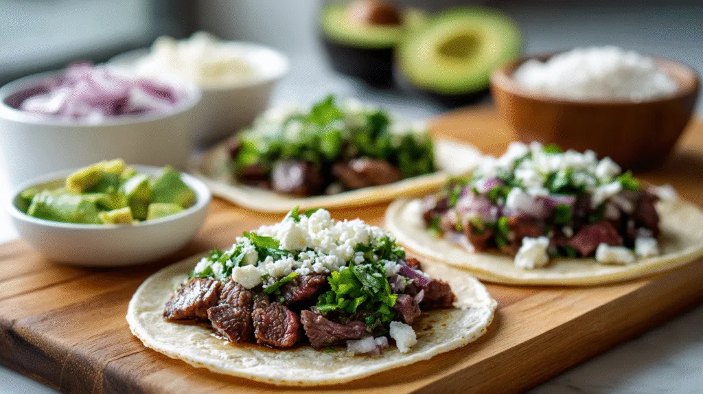 Authentic Carne Asada Tacos Recipe : Flavor-Packed & Easy to Make Carne Asada Tacos Assembling carne asada tacos with toppings on wooden board