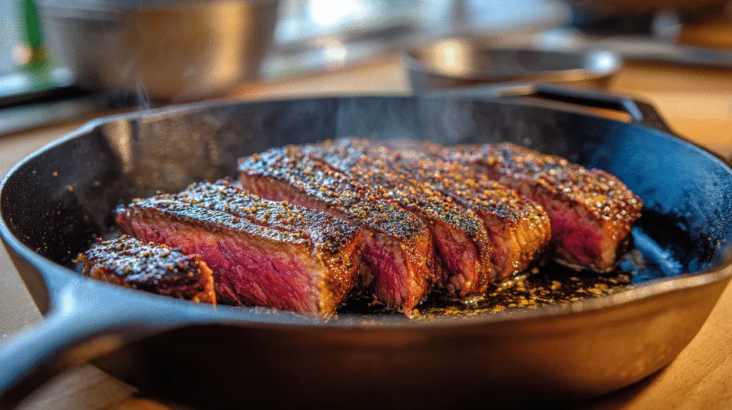 Searing hanger steak in cast iron skillet
