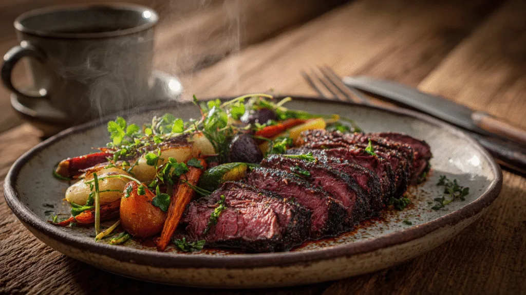 Final plated coffee rubbed hanger steak with vegetables
