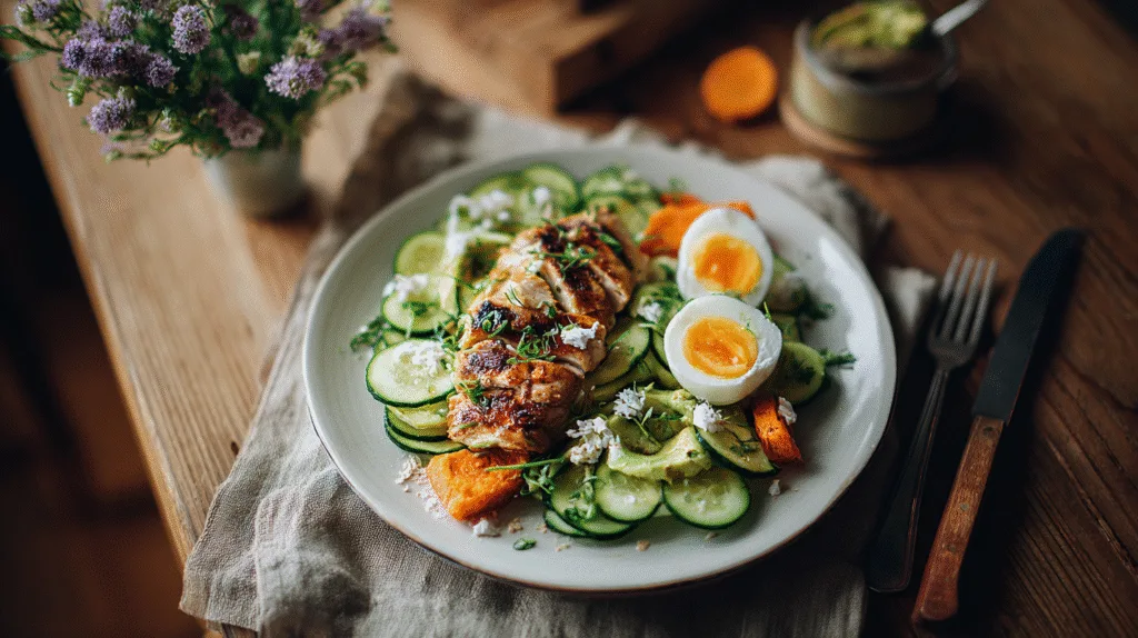 Flat Belly Secret: Cucumber Avocado Salad You’ll Love Cucumber Avocado Salad Cucumber avocado salad paired with healthy protein and sides