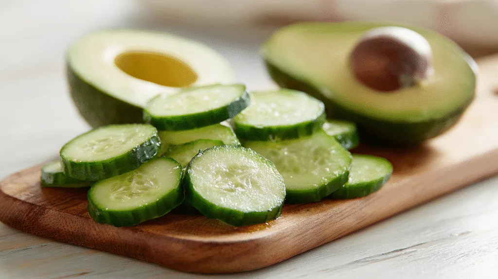 Flat Belly Secret: Cucumber Avocado Salad You’ll Love Cucumber Avocado Salad Sliced cucumbers and avocados on a cutting board