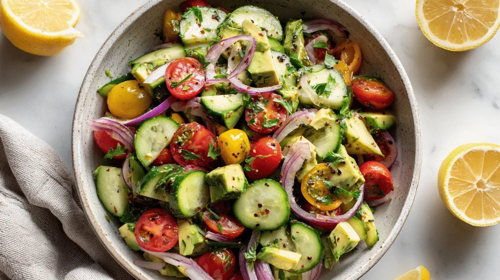 Flat Belly Secret: Cucumber Avocado Salad You’ll Love Cucumber Avocado Salad Fresh cucumber avocado salad served in a white bowl for weight loss