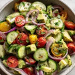 Fresh cucumber avocado salad served in a white bowl for weight loss