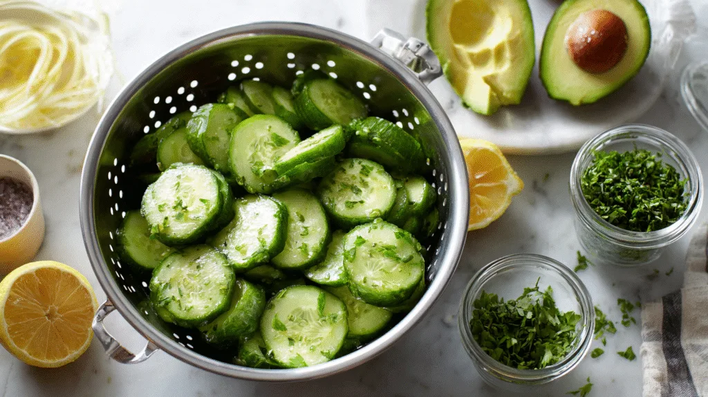 Flat Belly Secret: Cucumber Avocado Salad You’ll Love Cucumber Avocado Salad Prepping ingredients separately for cucumber avocado salad