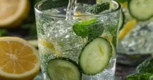 Fresh detox water with cucumber, lemon, and mint in tall pitcher
