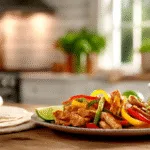 Delicious homemade frozen chicken fajitas served with tortillas and cilantro lime rice in a modern kitchen