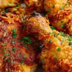 Keto fried chicken garnished with parsley on a white plate