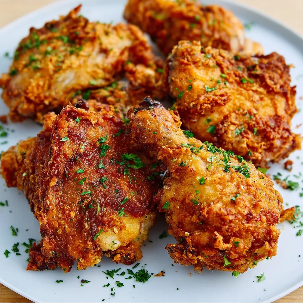 The Ultimate Low-Carb Keto Fried Chicken: Crispy, Juicy, and Keto-Perfect Keto Fried Chicken Keto fried chicken garnished with parsley on a white plate