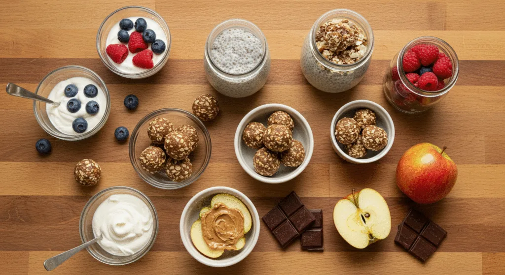The Ultimate Healthy Weight Loss Recipes Guide in 2025 Healthy Weight Loss Recipes Guide in 2025 Flat lay of healthy snacks and desserts for weight loss, including yogurt with berries, chia pudding, energy balls, apple slices with almond butter, and dark chocolate.