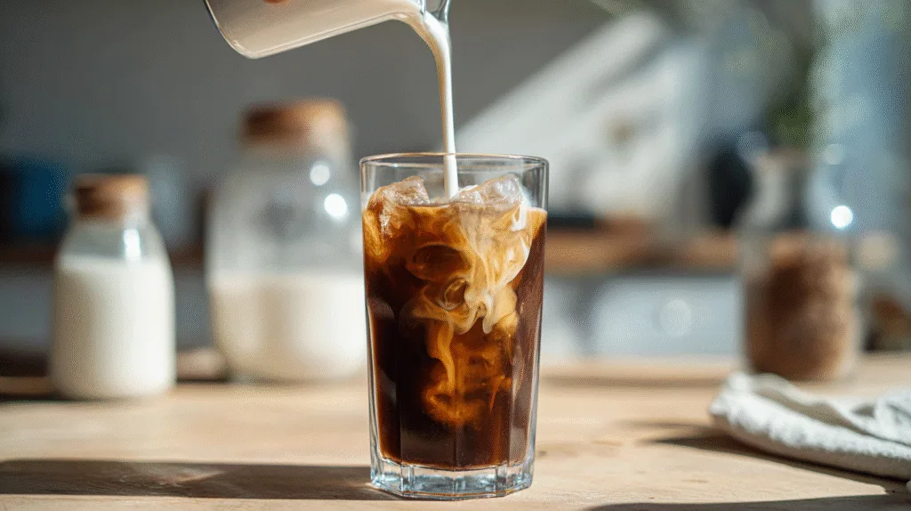 Oat milk being poured into brown sugar shaken espresso