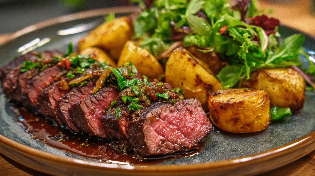 Plated steak with shallots and salad