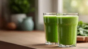Two glasses of Pineapple and Spinach Smoothie on kitchen counter
