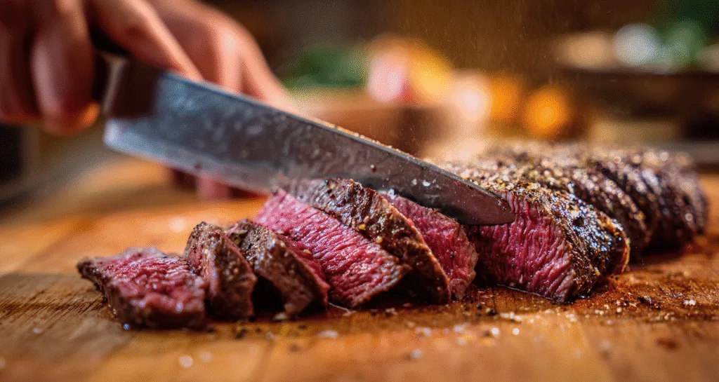 Slicing hanger steak against the grain