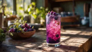 purple peel weight loss drink on a rustic kitchen table with fresh purple fruit peels