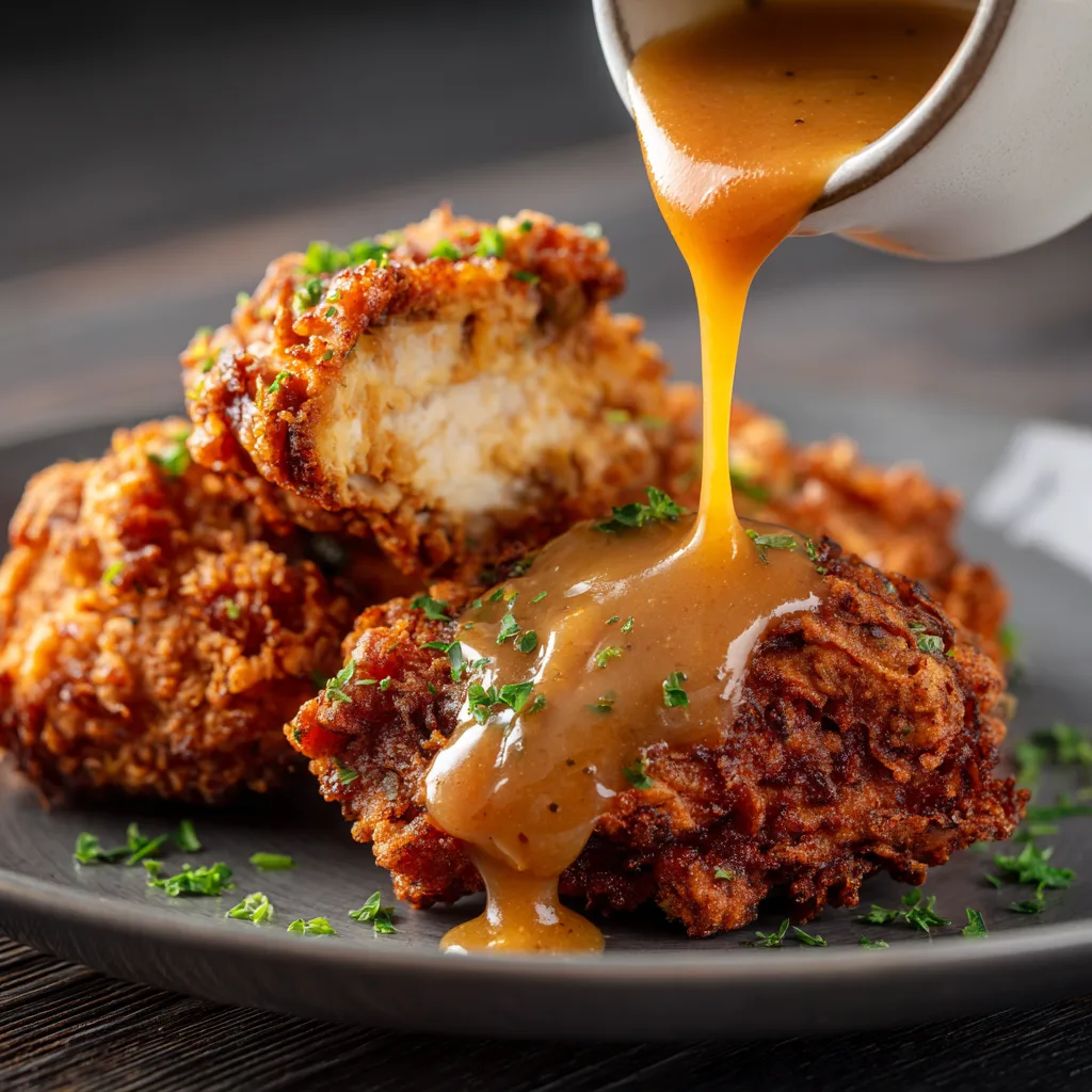 The Ultimate Low-Carb Keto Fried Chicken: Crispy, Juicy, and Keto-Perfect Keto Fried Chicken Gravy being poured over crispy keto fried chicken