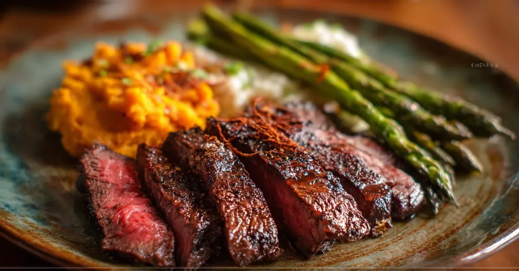 Coffee rubbed hanger steak with healthy sides