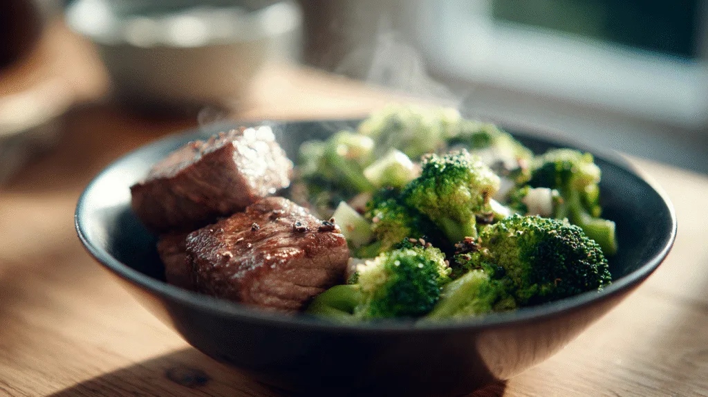 Steak and Broccoli Stir Fry in a bowl, healthy beef and broccoli