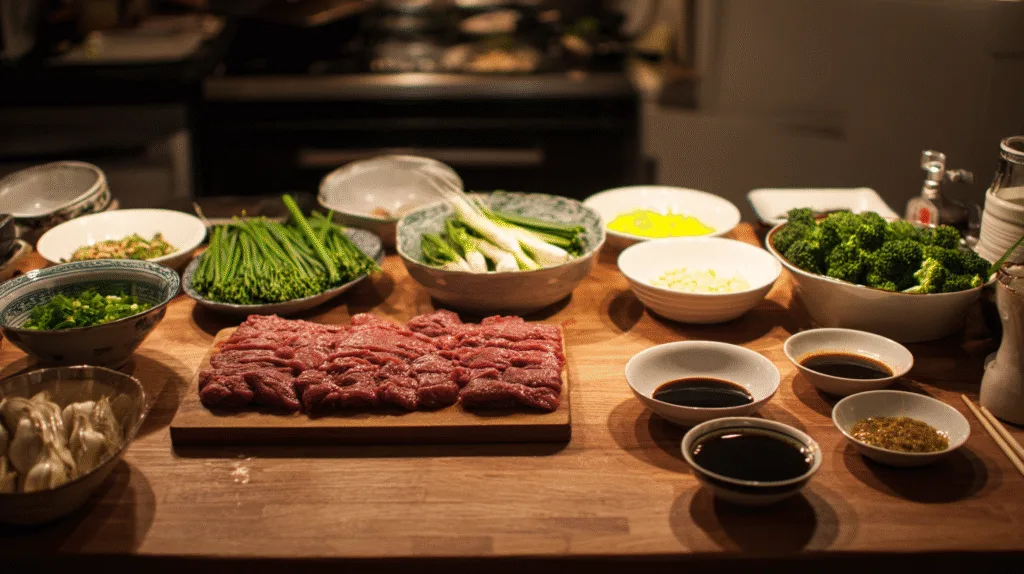 Mise en place for steak and broccoli stir fry