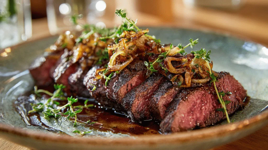 Steak with shallots on a rustic plate