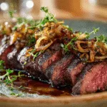 Steak with shallots on a rustic plate
