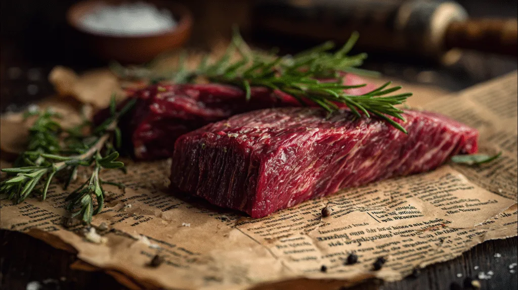 Raw hanger steak cut with visible grain