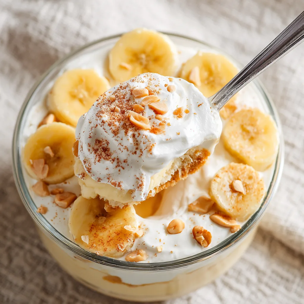 Spoonful of banana pudding topped with whipped cream and crushed peanuts