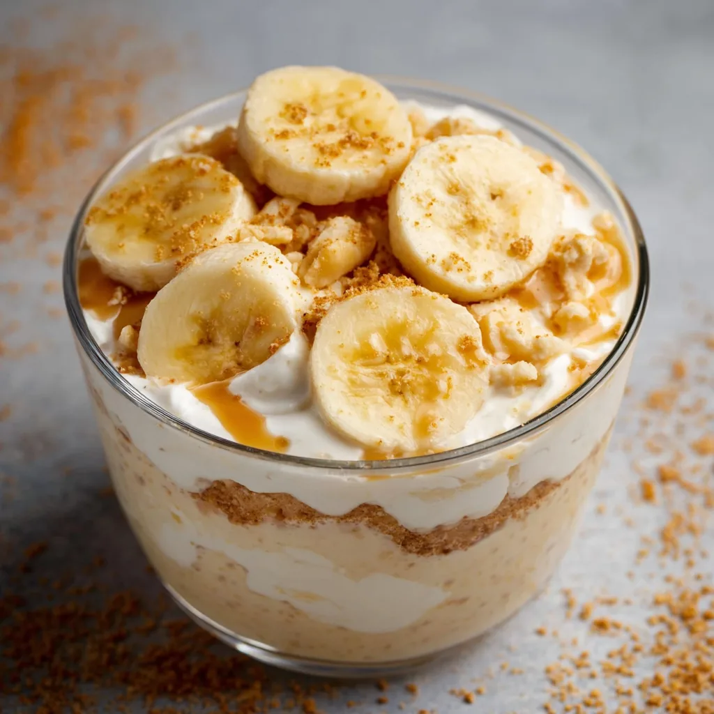 Layered banana pudding in a glass with cookie crumbles and drizzle