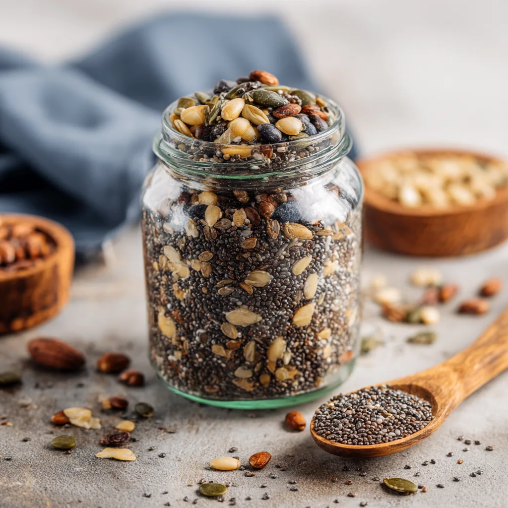 The Ultimate Bariatric Seed Recipe – Tasty, Easy, and Weight Loss-Boosting! Bariatric Seed Recipe A glass jar overflowing with a dry seed mix and a wooden spoon beside it