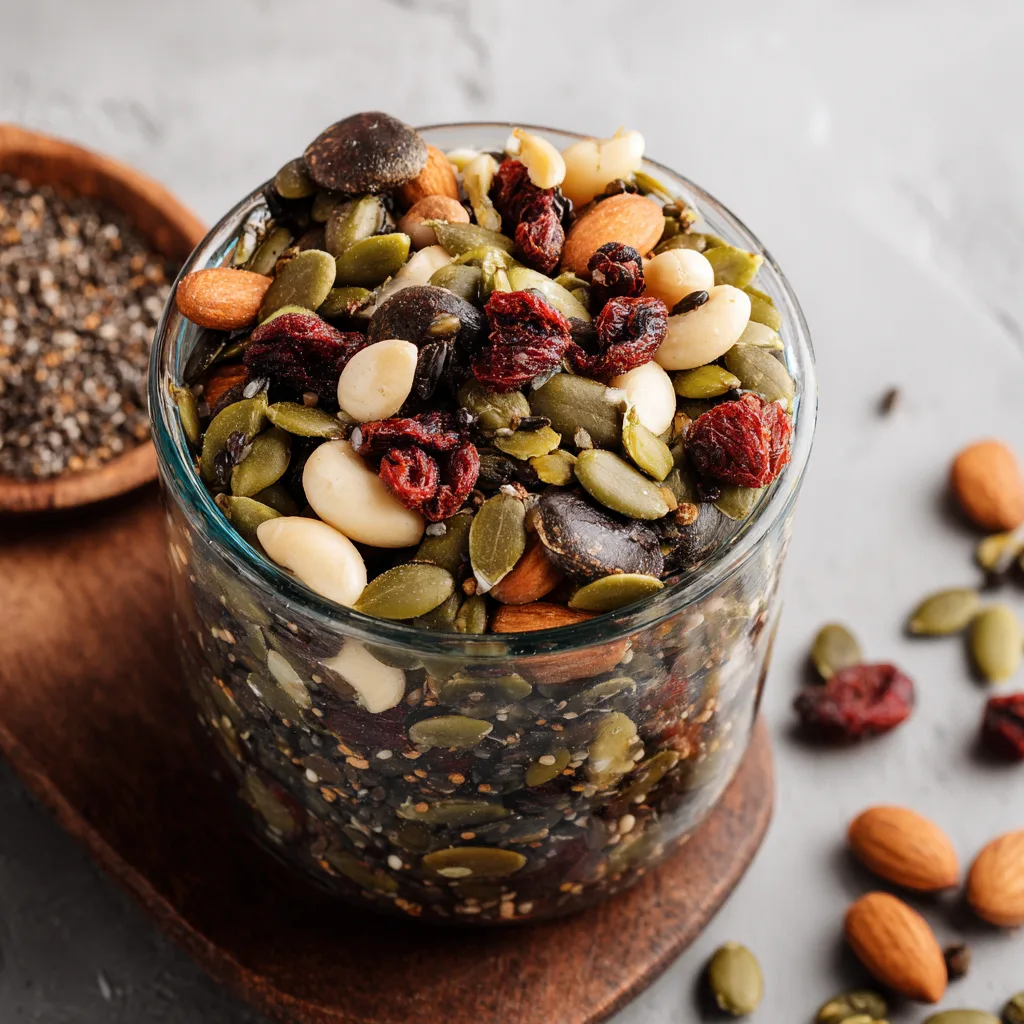 The Ultimate Bariatric Seed Recipe – Tasty, Easy, and Weight Loss-Boosting! Bariatric Seed Recipe Seed mix jar with pumpkin seeds, nuts, and cranberries