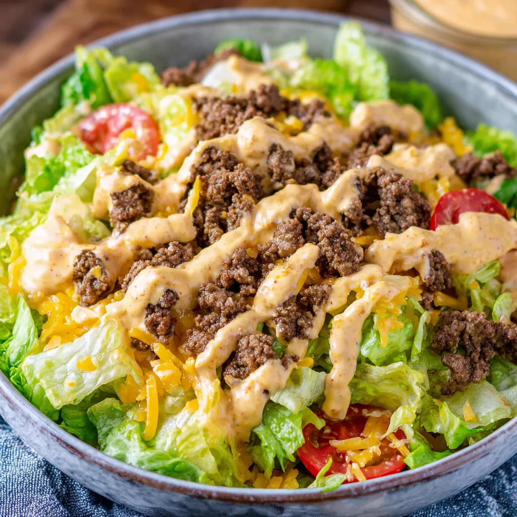 How To Make an Irresistible Big Mac Salad At Home (Low-Carb & Keto-Friendly) Big Mac Salad Close-up of Big Mac salad with finely crumbled beef and shredded cheese