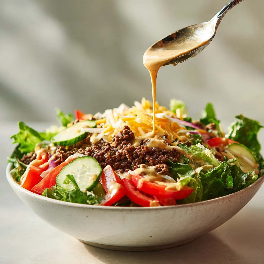 How To Make an Irresistible Big Mac Salad At Home (Low-Carb & Keto-Friendly) Big Mac Salad Dressing being poured onto Big Mac salad with cucumbers and tomatoes