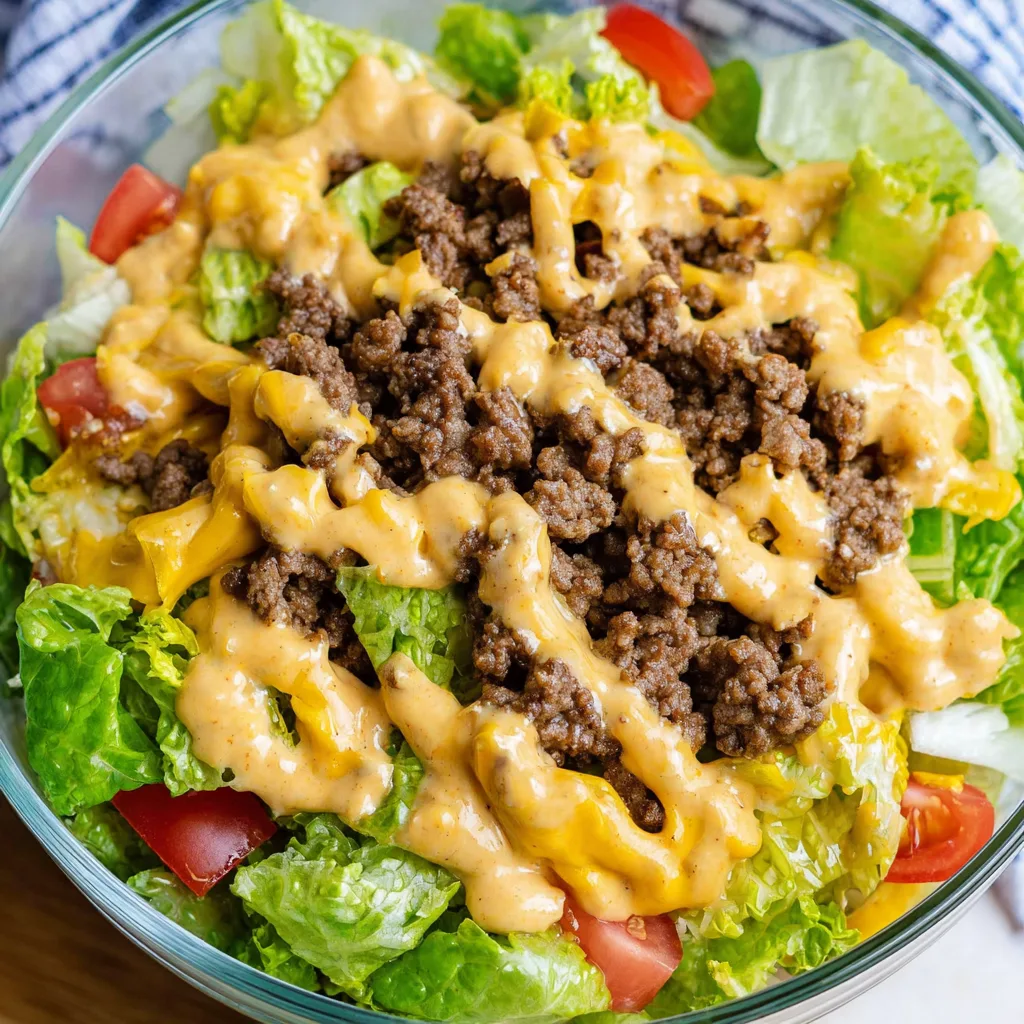 How To Make an Irresistible Big Mac Salad At Home (Low-Carb & Keto-Friendly) Big Mac Salad Fresh Big Mac salad with lettuce, tomatoes, and beef in a glass bowl