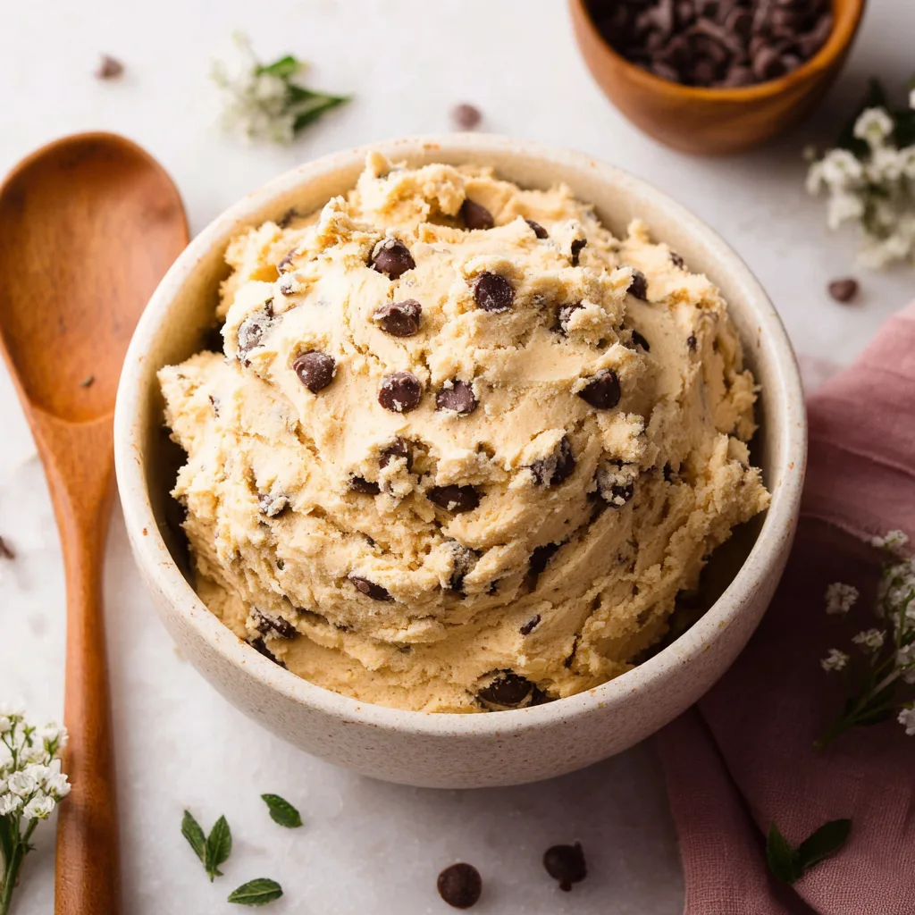 Cottage cheese cookie dough with chocolate chips in a ceramic bowl