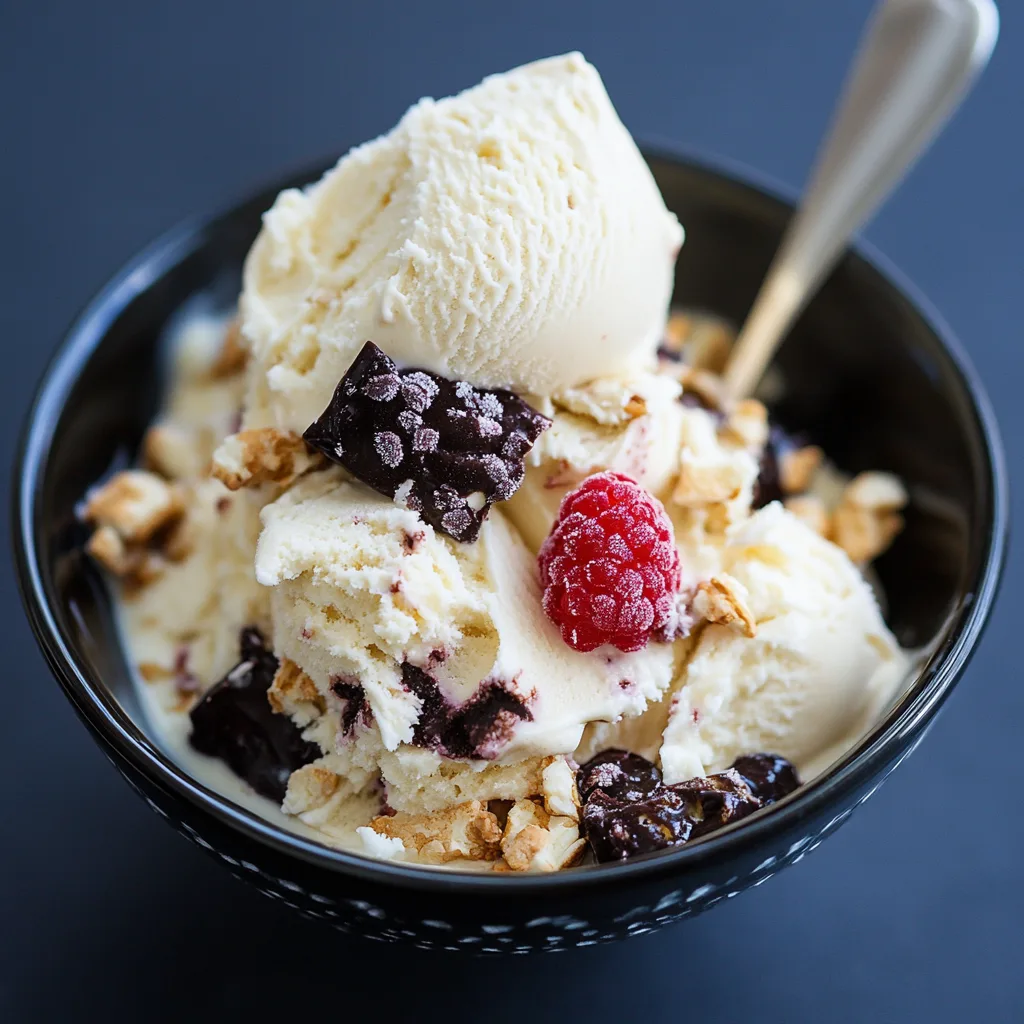 Easy Healthy Cottage Cheese Ice Cream Recipe Cottage Cheese Ice Cream Cottage cheese ice cream in a black bowl with chocolate chunks and raspberries