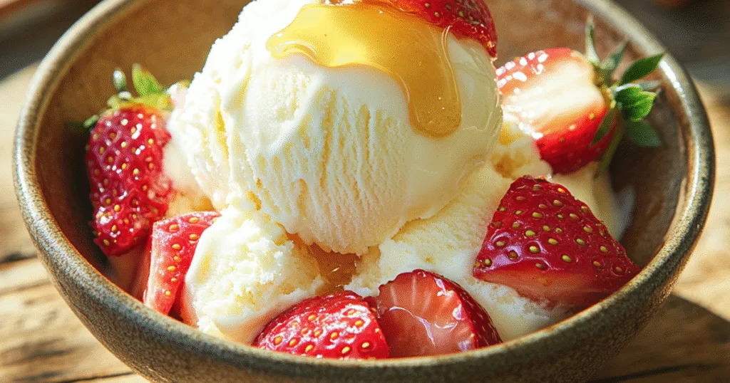 Cottage cheese ice cream with strawberries and honey in a rustic bowl