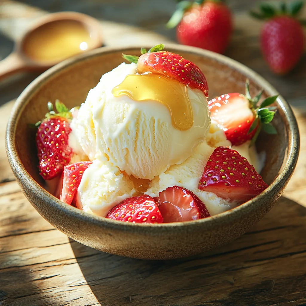 Easy Healthy Cottage Cheese Ice Cream Recipe Cottage Cheese Ice Cream Cottage cheese ice cream with strawberries and honey in a rustic bowl