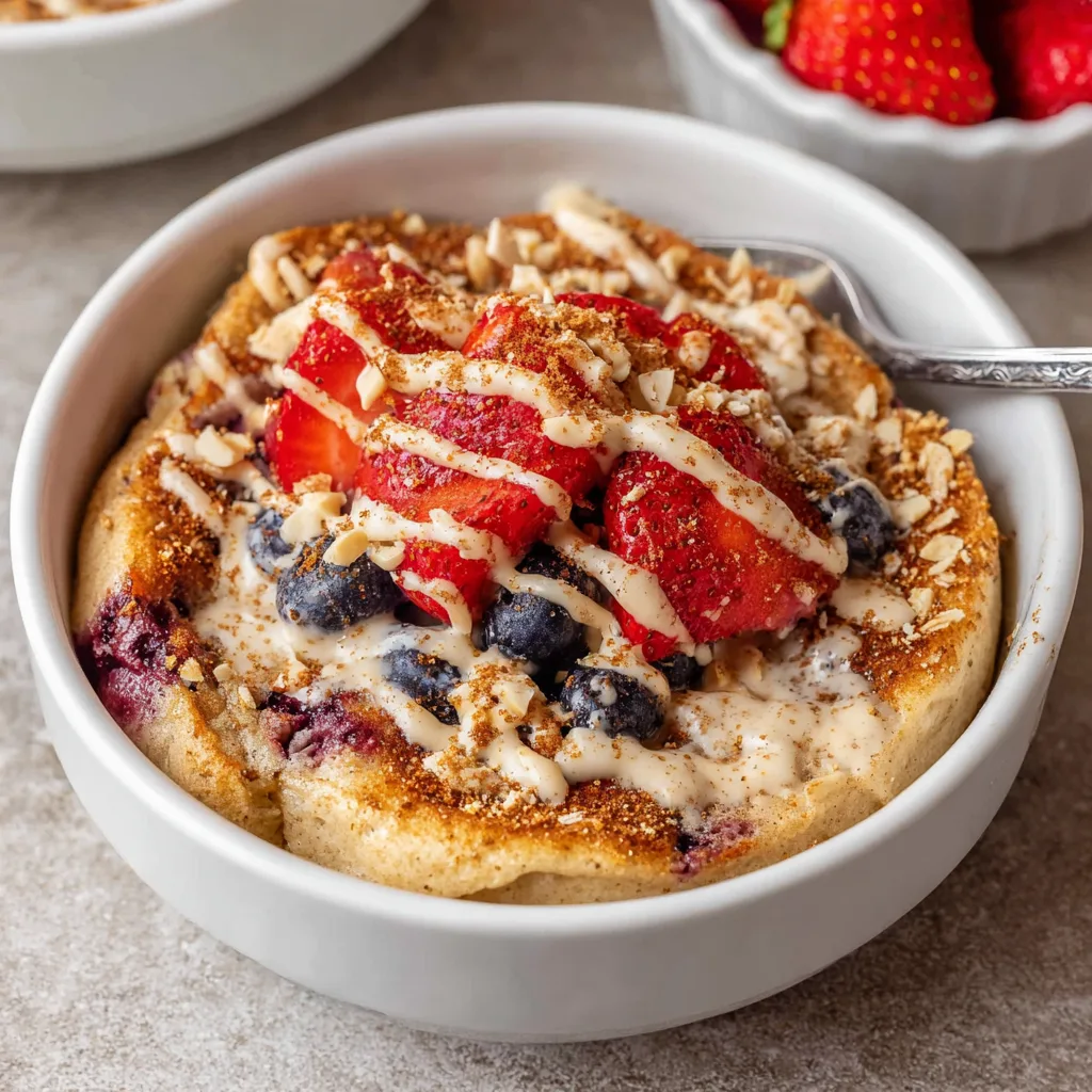 The Ultimate Protein Pancake Bowl: High Protein Breakfast Made Easy Protein Pancake Bowl Protein pancake bowl with nut butter, crushed nuts, and strawberries