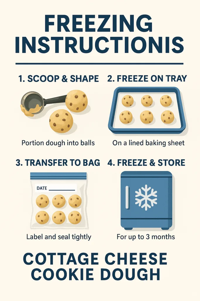 Step-by-step freezing instructions for cottage cheese cookie dough with icons for portioning, storing, and thawing.