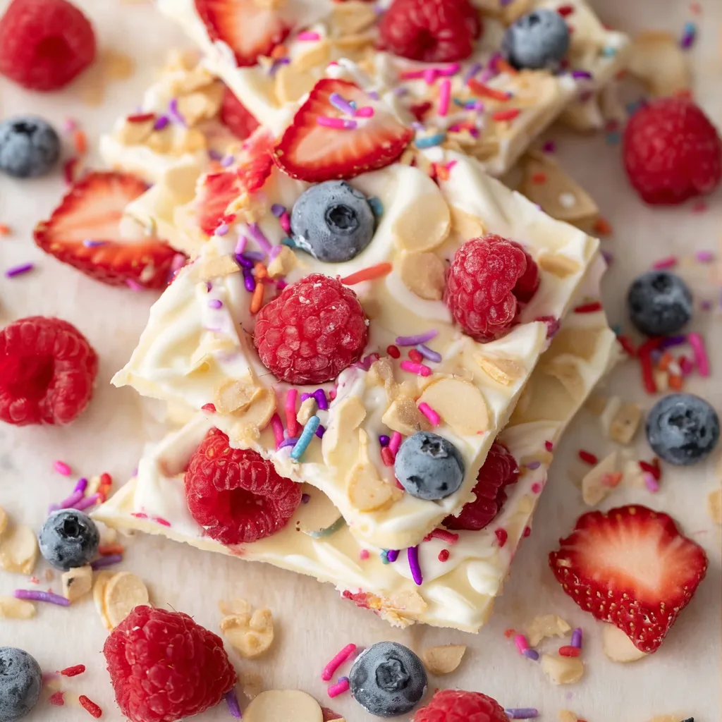 Frozen yogurt bark with sprinkles and berries