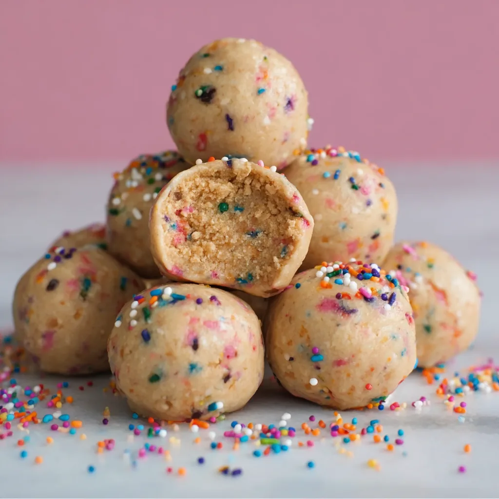 Birthday Cake Protein Balls Recipe: Easy, Fun, Protein‑Rich Snack Birthday Cake Protein Balls Funfetti protein balls with visible oats and sprinkles arranged in a pyramid on a white surface