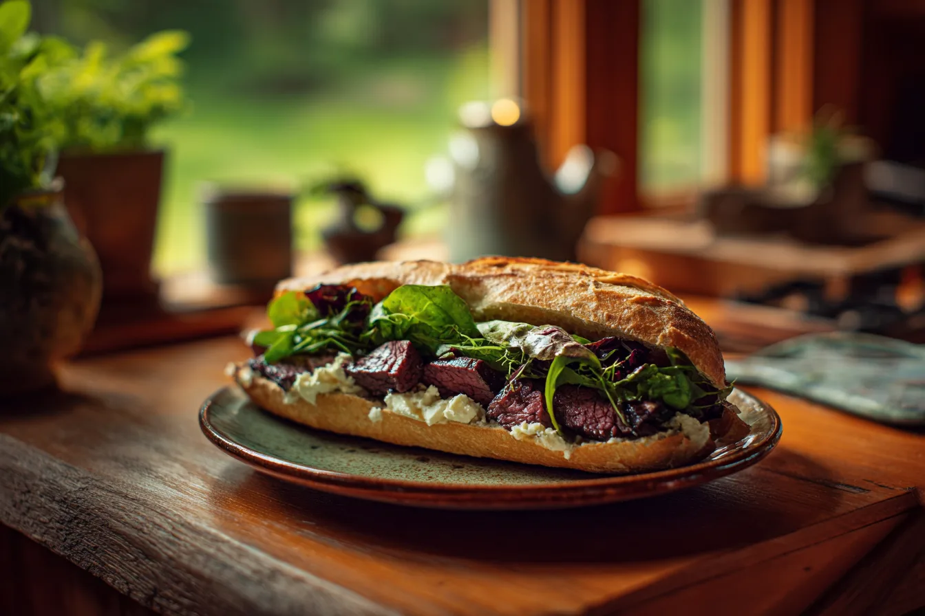 Finished Hanger Steak Sandwich Recipe served on plate