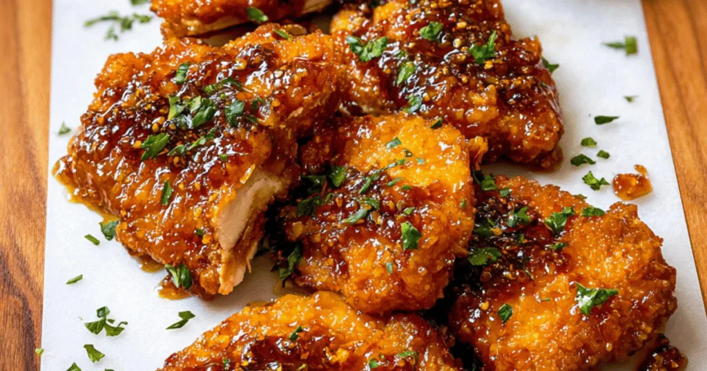 Crispy chicken thighs covered in spicy honey glaze