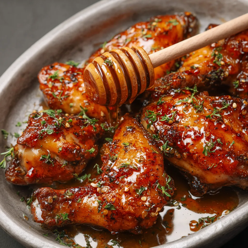How to Make Hot Honey Chicken: The Spicy-Sweet Sheet Pan Dinner Everyone Loves Hot Honey Chicken Close-up of hot honey glazed chicken with honey dipper