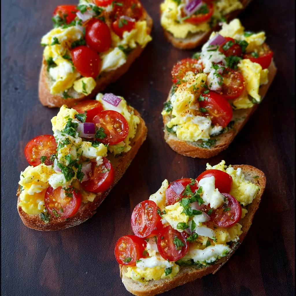 Easy Healthy Breakfast Bruschetta Recipe Breakfast Bruschetta Mini breakfast bruschetta bites with eggs, cherry tomatoes, and red onions.