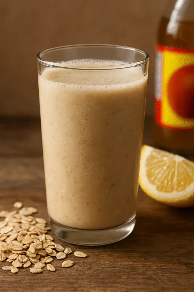 Oatzempic Recipe – The Ultimate Weight Loss Drink Loved by Thousands Oatzempic Recipe A tall glass of Oatzempic drink on a wooden table with oats and lemon