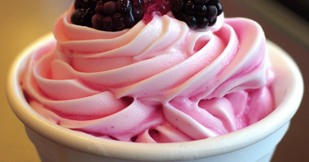 Pinkberry Frozen Yogurt swirl topped with a strawberry and blueberries in a white cup